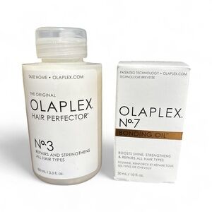 OLAPLEX No.3 Hair Perfector and No.7 Bonding Oil Set.